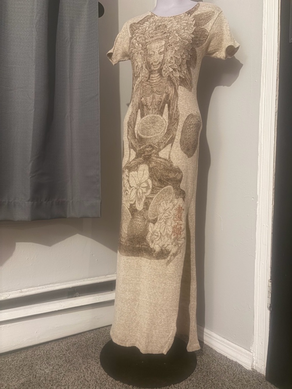 Beige Graphic Maxi Dress with Short Sleeves and Side Slit